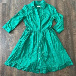 Moulinette Soeurs Anthropologie green shirt dress, navy stitching, size 8